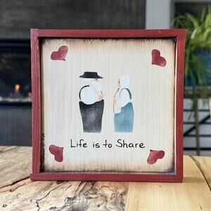 1984 Vintage Hand Painted Amish Folk Art Wood Wall Hanging "Life is to Share"